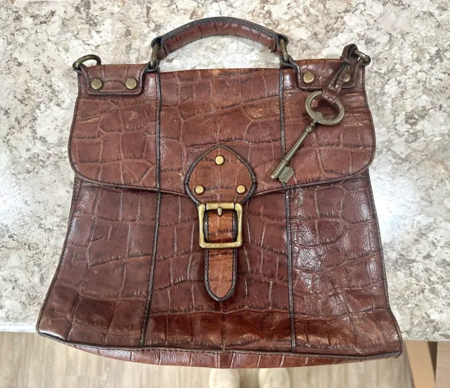 Vintage Fossil Brown Croc Satchel Crossbody Revival Collection Leather Bag Quali