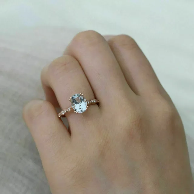 2Ct Oval Cut Aquamarine Diamond Solitaire Engagement Ring 14K Rose Gold Finish 2