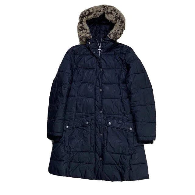 Femmes 6 Barbour " Fibre Bas " Noir Capuche Fausse Fourrure Veste Parka