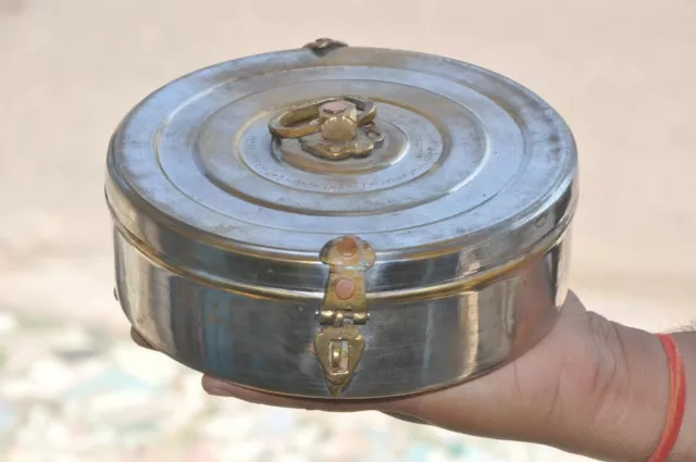 Old Brass Handcrafted Nickel Plated Round Jewellery/Chapati Box