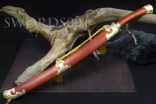 Ox-Tailed Chinese Qing Dynasty DAO Sharp Sword Red Wood Galsang Flower Fittings 2