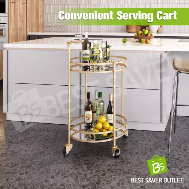 Round Bar Cart Coffee Rolling Trolley Drinks Cocktail Wine Mobile Trolly Gold