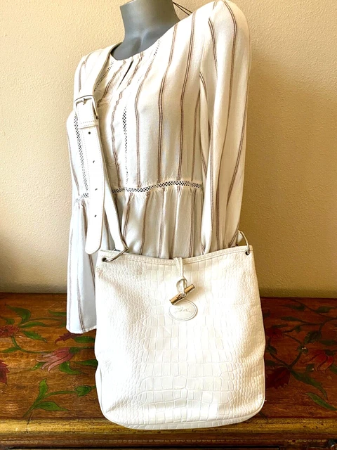 LONGCHAMP Adjustable ROSEAU CROC Embossed IVORY Patent Leather Cross Body Bag