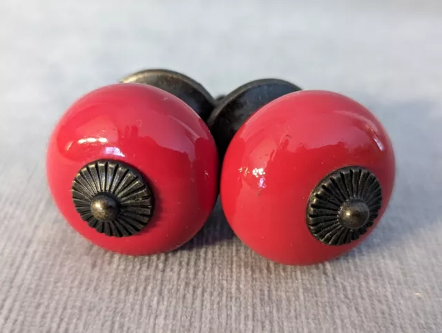 set of 2 Red Round Knobs Ceramic Cabinet Dresser Drawer Pulls