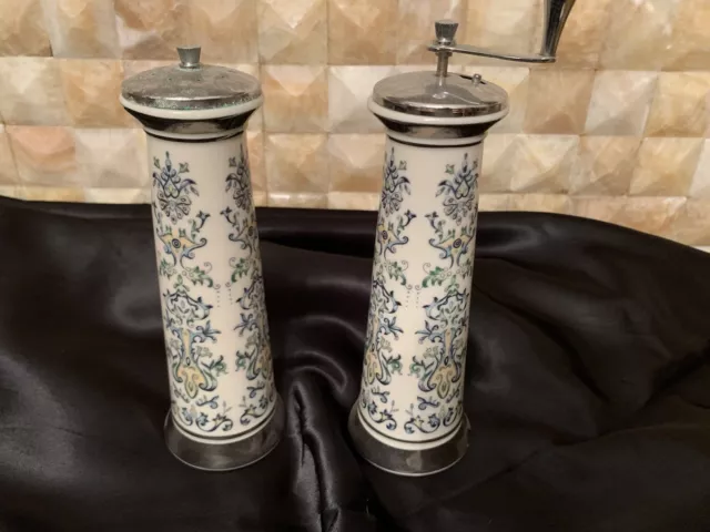 Lenox Capri Salt & Pepper Mill Set Blue Green Hand Painted Platinum Porcelain