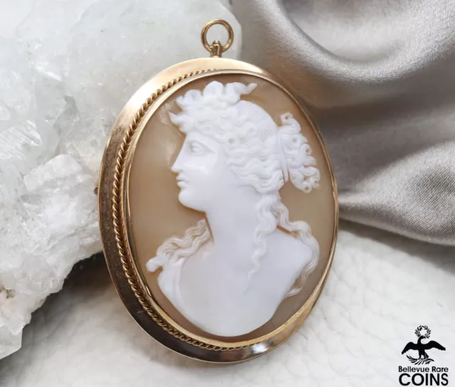 Antique 14k Yellow Gold Carved Shell Maiden Cameo Brooch / Pendant Engraved
