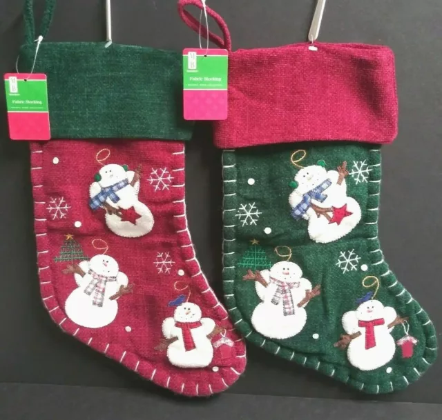 Vtg Fabric Christmas Red & Green Snowman Snowflakes 18" Stockings (Qty 2) NEW