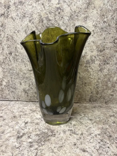 Murano Style Art Glass Handkerchief Vase Hand Blown Green /White