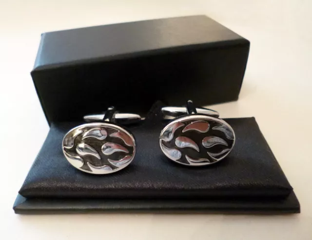 Cufflinks Oval Black & Silver Tone Mens Gents Boxed - NEW