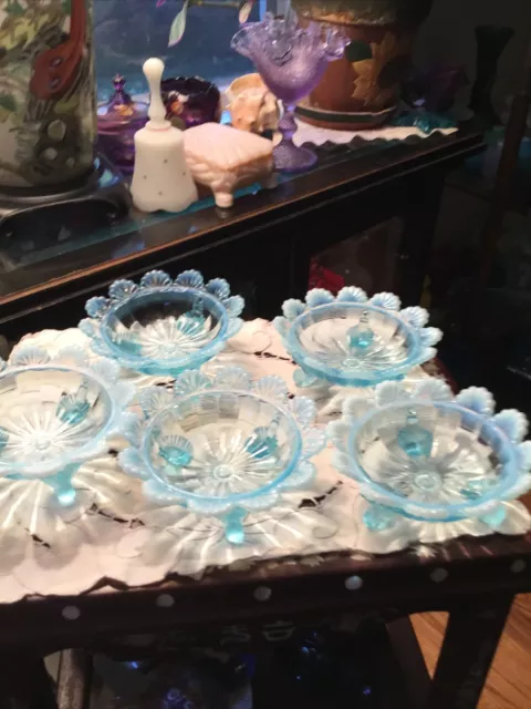 FIVE Northwood Blue Opalescent Berry Bowl  Klondyke w/Fluted Scrolls- 5 1/4"