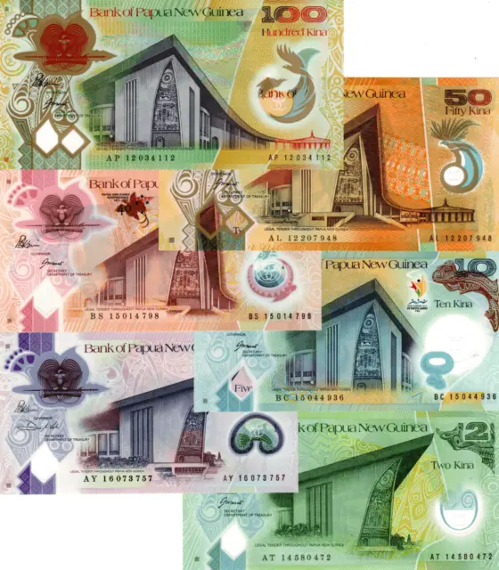 Papua New Guinea Polymer Kina Set 2-5-10-20-50-100 Kina Banknotes Paper Money