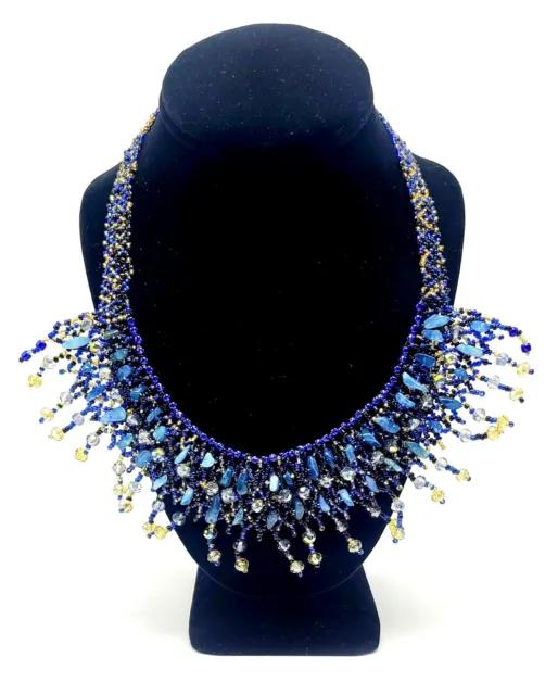 Blue And Yellow Seed Beaded Bib Necklace