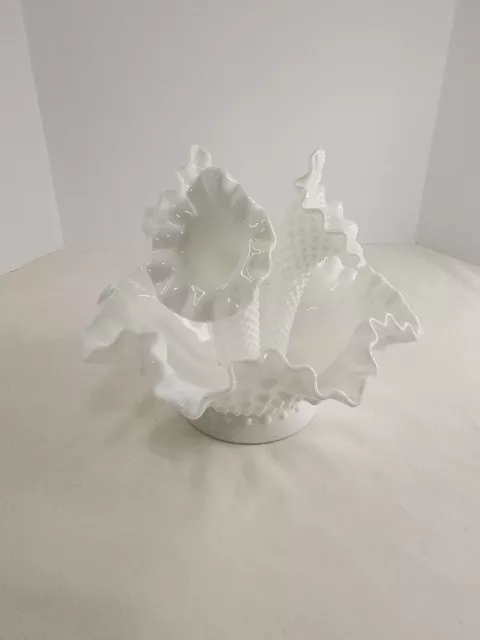 Fenton White Milk Glass Hobnail Epergne Vase 4-piece  6 1/2" x 8" VINTAGE