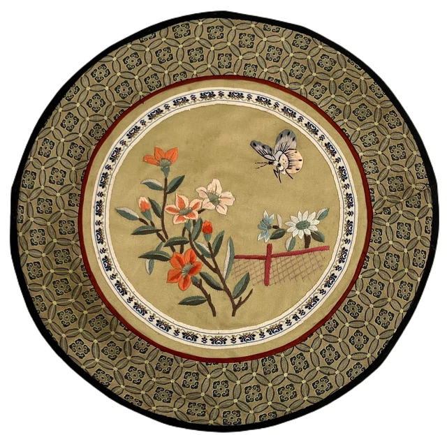 Vintage Silk Embroidered Butterfly Floral Round Badge Panel Chinese 11" Diameter