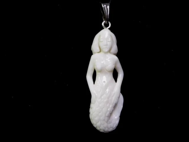 Handmade Carved Siren Mermaid Silver Tone Water Buffalo Bone Small Pendant