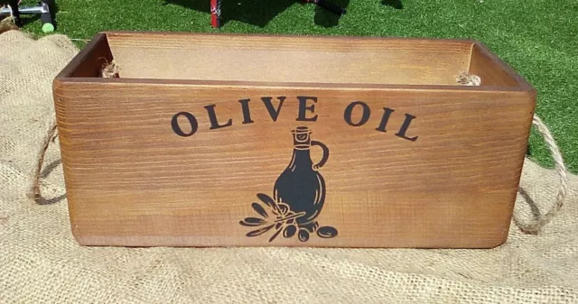 OLIVE OIL rustic wooden storage box with rope handles . Lovely gift.