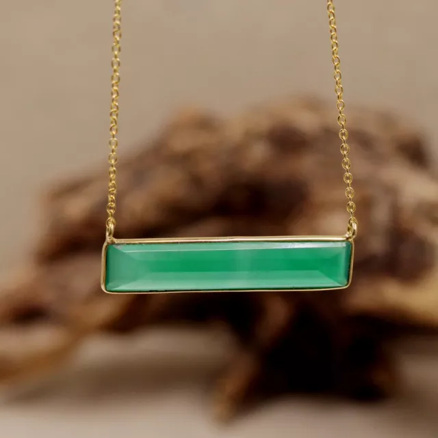 Green Onyx Gold Plated Bar 16+2" Necklace Bridesmaids Gift Solid 925 Silver