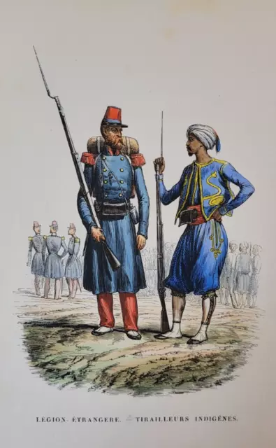 Estampe ancienne & aquarelle armée française Légion étrangere XIXe