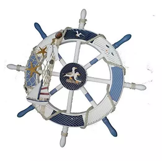 Nautical Beach Wooden Boat Ship Steering Wheel Fishing Net Shell Home 18 in