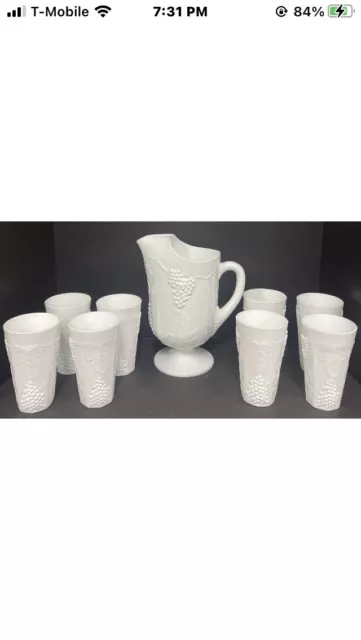 Vintage Indiana Glass Colony Harvest Grape Milk Glass Pitcher And 8 Tumblers