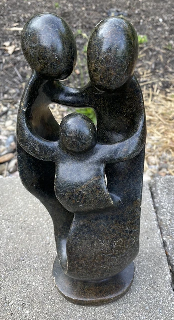 African Tribal Art Stone Sculpture  10” Tall ZIMBABWE Father-Mother-Child 3 lbs