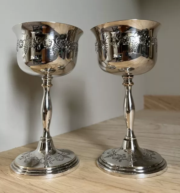 Pair Vintage Silver Plated Wine Goblets With Grapes and Vine Leaves Pattern