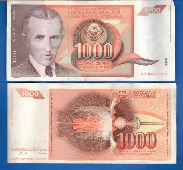 Yugoslavia P-107 1,000 Dinara Year 1990 Nicola Tesla Circulated Banknote