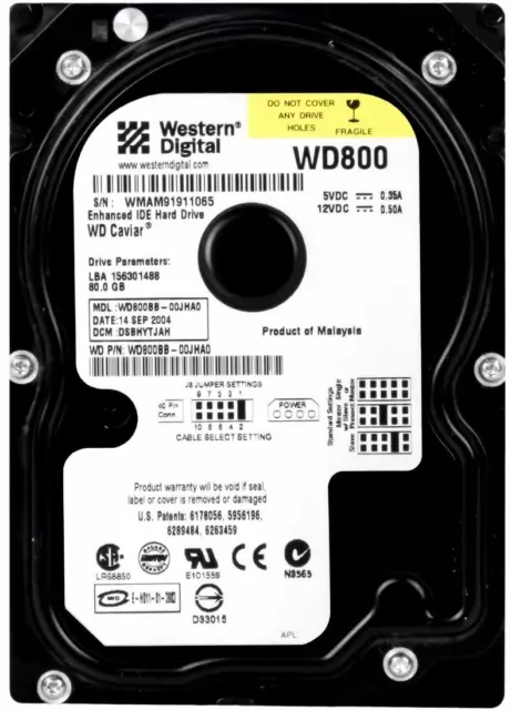 Disque Dur Western Digital WD800JD 80GB 8MB 7200U/Min SATA II 3,5  Pouces