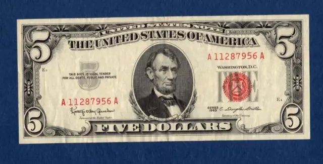 1963 United States Note $5 Dollar Bill Red Seal Avg Circulated - A11287956A