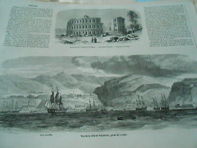 Gravure 1859 - Vue de la Ville de Valparaiso prise de la Rade