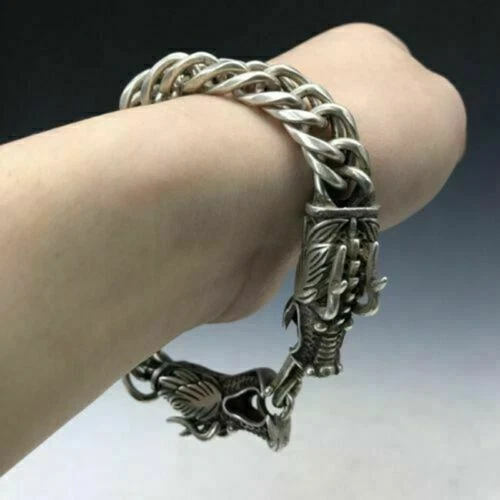 Collection Tibet silver exquisite double dragon head bracelet Old China