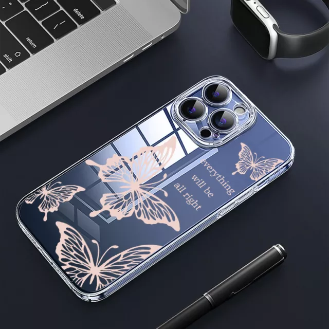 For iPhone 15 14 13 Pro Max 12 11 Clear Butterfly Shockproof TPU Hard Case Cover