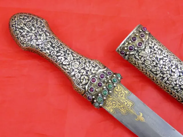 ANTIQUE SILVER DAGGER TURKISH OTTOMAN DAMASCUS WOOTZ BLADE RUBY EMERALDS  sword