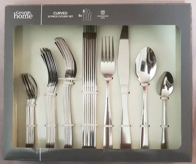 George Home Curved 32 Piece Cutlery Set Stainless Steel Dishwasher Safe .. New