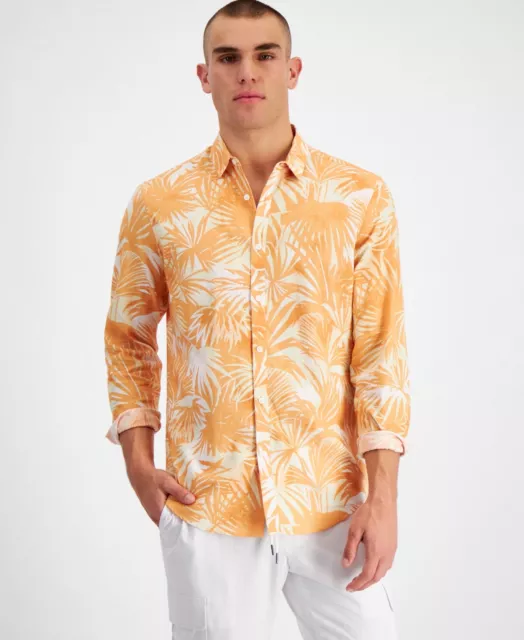 International Concepts Men's Palm Print Long sleeve Shirt Sherbet Orange Medium