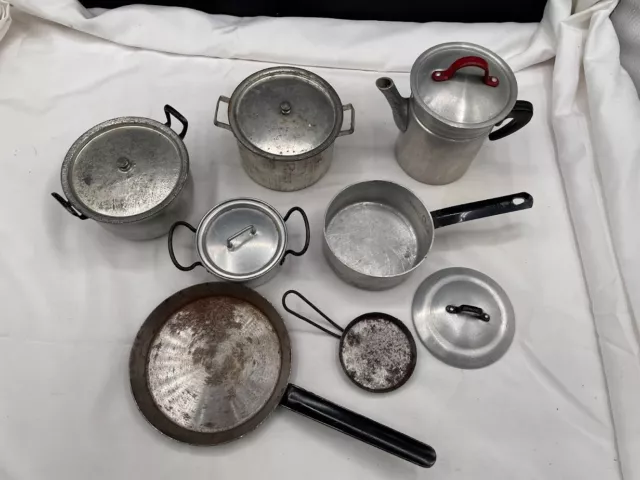 Lot of 12 Pieces Vintage Metal Aluminum Childrens Pots and Pans Cookware