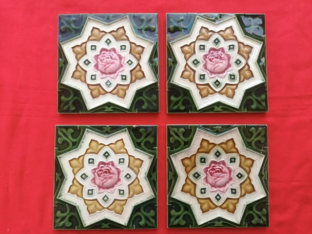4 Piece Lot Old Art Flower Design Embossed Majolica Ceramic Tiles England 0271 3