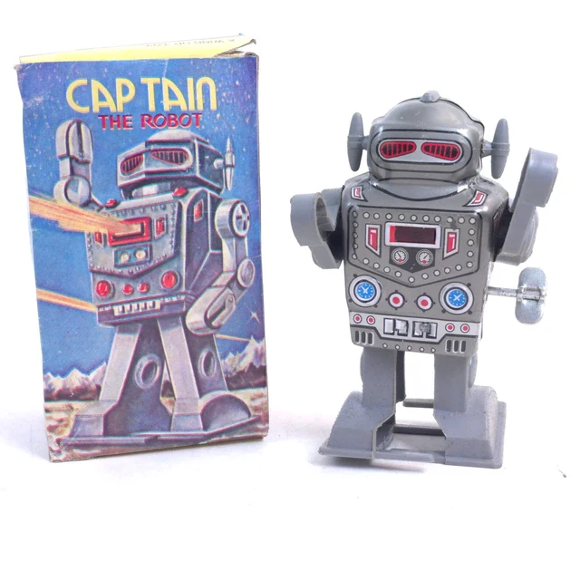 VINTAGE CAPTAIN THE ROBOT Wind Up Toy Ultra Spark Original Box MTU