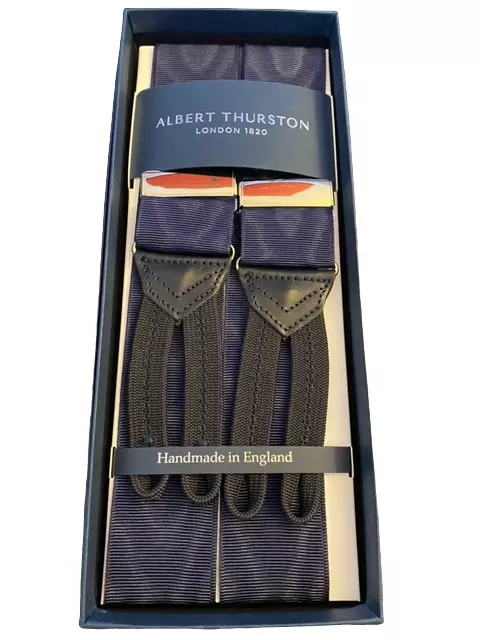 Albert Thurston NavyMoire braces Black braids Silver fittings Navy leather Tab