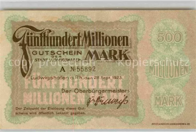 42627423 Ludwigshafen Rhein Notgeld 500 Millionen Mark Gutschein Ludwigshafen am