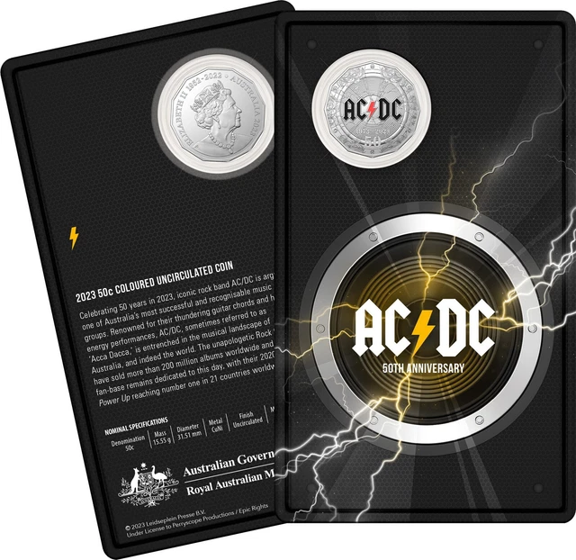 2023 AUSTRALIAN AC/DC 60th Anniversary 50c Uncirculated Coloured Coin £ ...