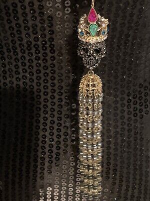 Rare Betsey Johnson King Of Skulls Necklace Black Pearl, Jeweled, Goldtone 36"