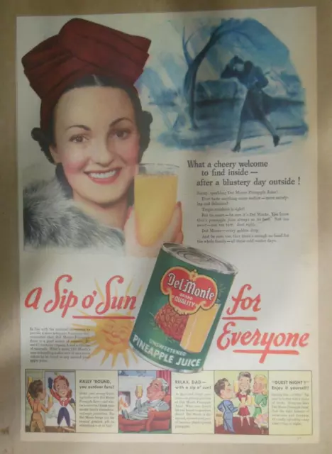 Del Monte Pineapple Juice Ad: What A Cheery Welcome ! 1940's 11 x 15 inches