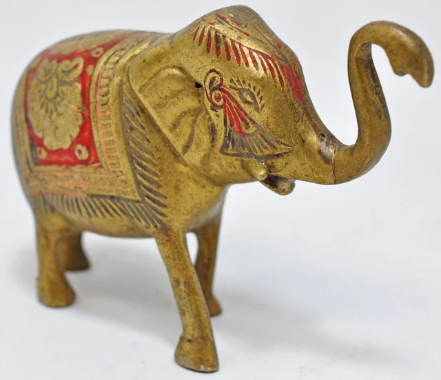 Antique Brass Small Elephant Figurine Original Old Hand Crafted Engraved Painted