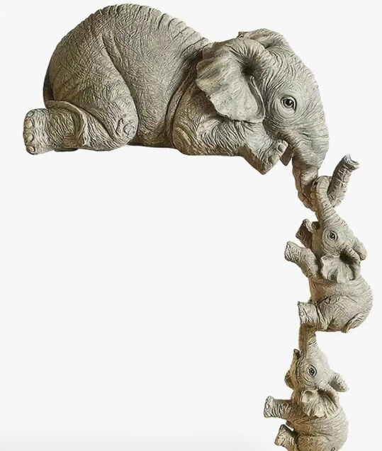 3X Resin Elephant Sitter Figurines Mother and 2 Babies Hanging Off Edge For Gift