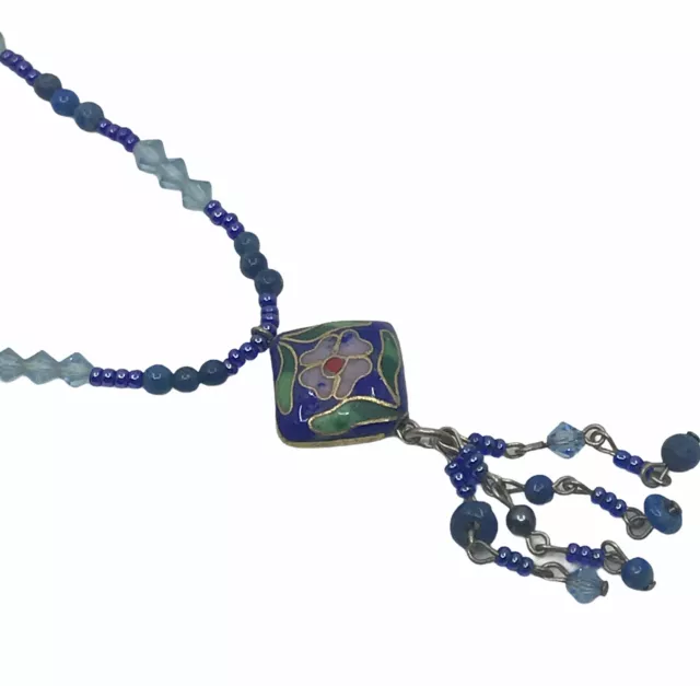Blue Beaded Necklace Cloisonné Pendant Pink Rose Seed Beads Romantic Dainty