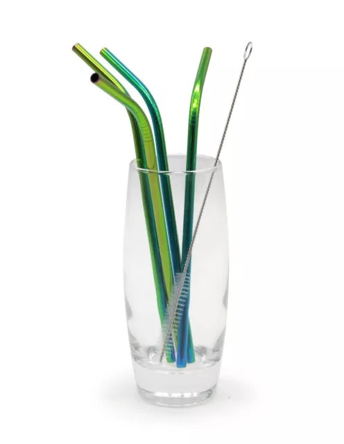 Drinks Straws Iridescent Rainbow StainlessSteel Reusable Brush Set Party Club