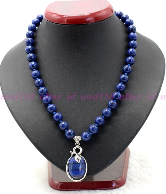Natural 10mm Blue Lapis Lazuli Gemstone Beads Oval Pendant Necklace 18" AAA