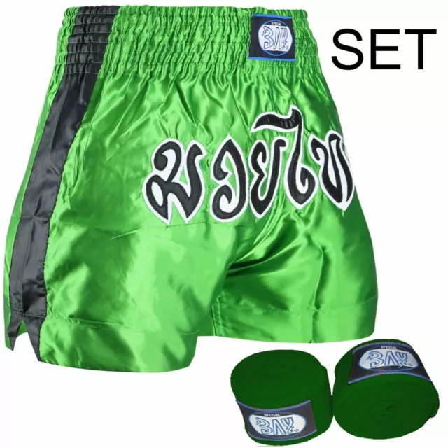 TOP GRÜN SET Box-Bandagen+Thaiboxhose BOXBANDAGEN Muay Thai Hose Short Thaiboxen