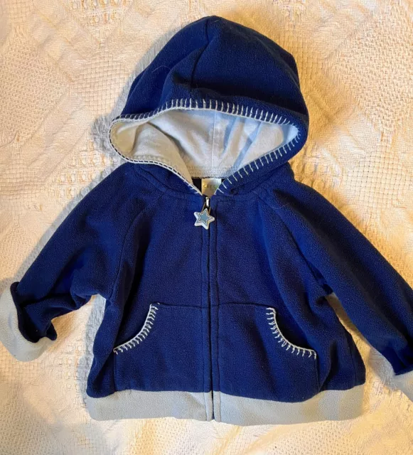9 M Circo Baby Hooded Zip Up Blue & Gray Fleece Jacket Embroidered Accents Vguc